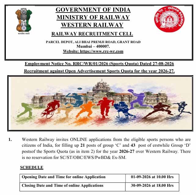Western Railway Sports Quota Recruitment 2026